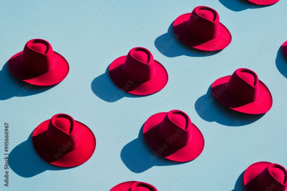 Poster vibrant red hats with soft shadows on light blue background - bright, sunny day with simple, clean c