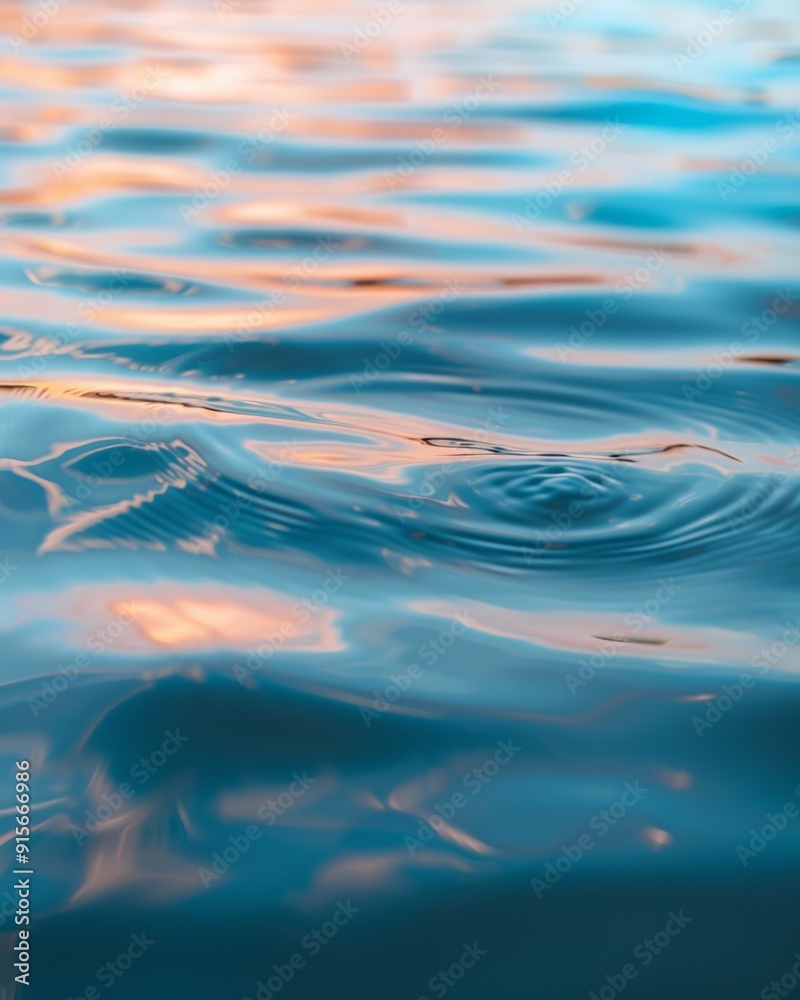 Poster serene sunset reflections on gentle rippling water surface in a calm evening – tranquil, symmetrical