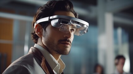 Man Wearing Smart Glasses for Augmented Reality Experience