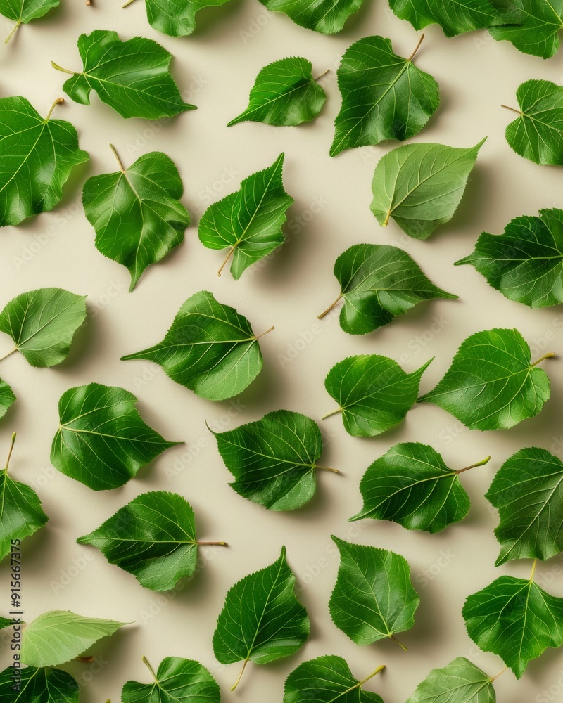 Poster green leaves pattern on beige background with soft shadows, emphasizing repetition, depth, and contr