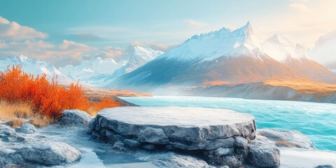 Naklejka premium Stone Platform Overlooking a Mountain Lake with Snow-capped Peaks