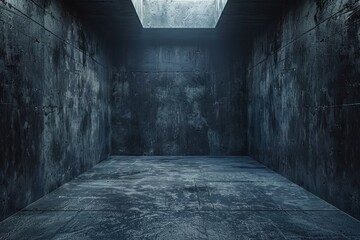 A stark, empty solitary confinement cell with walls and floor providing space for text