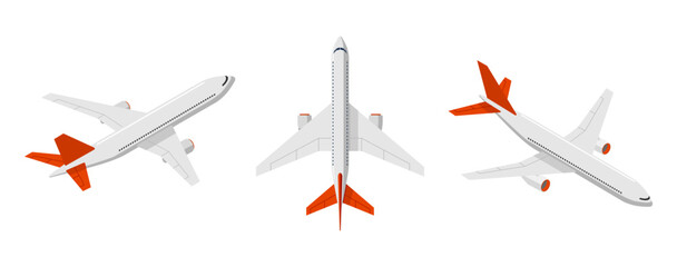 Passenger aircraft set. Flying plane collection. Airplane top view, takeoff and landing views. Isolated graphic eps air transport © Azat Valeev