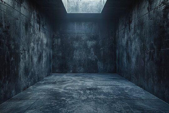 A stark, empty solitary confinement cell with walls and floor providing space for text