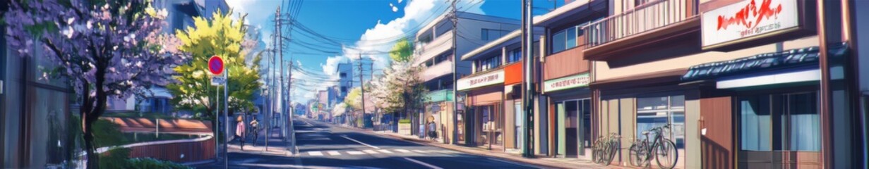 Obraz premium Cycling Avenue: An Anime-Inspired Street Perfect for a Bicycle Adventure and Urban Exploration Journey.