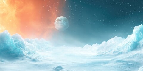 A Frozen Landscape Under a Starry Sky with a Distant Planet