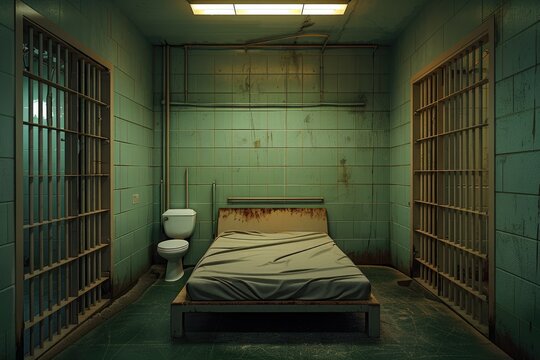 An empty prison cell with a bed and toilet, with blank space on the walls and floor for text