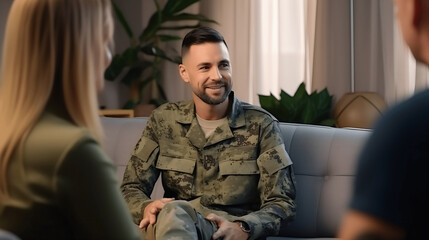 Fototapeta premium Veteran male in camouflage on appointment with psychologist. Concept of mental health, psychotherapy, depression, PTSD, rehabilitation.