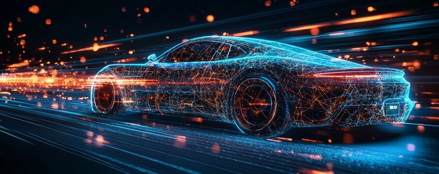 Futuristic car with interconnected glowing wireframe elements in a high-speed digital environment
