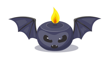 Halloween candle with black bat silhouette and fire. Scary Halloween icon of burning candlelight in shape of vampire character, black bat with fangs and wings, vector illustration isolated on white