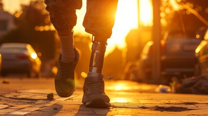 athlete man with prosthetic leg walking outdoor, close up at disabled young man with prosthetic leg walking along the street, prostheses standing, one way to win is to be yourself, generate by AI.