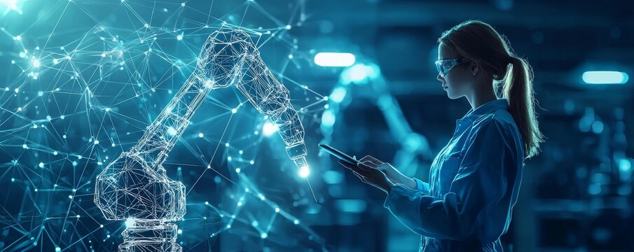 Engineer operating robotic arm with digital tablet in futuristic smart factory