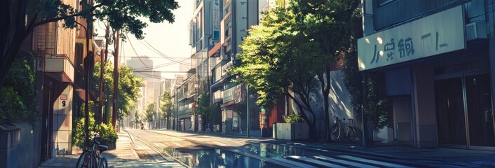 Naklejka premium Cycling Avenue: An Anime-Inspired Street Perfect for a Bicycle Adventure and Urban Exploration Journey.