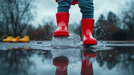 A child in bright red boots splashes joyfully in a puddle on a rainy day