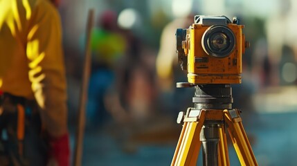 Closeup of a theodolite transit equipment with a surveyor and engineer blurred in the background working on site measurements