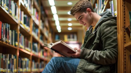 A young man reads a book in a library in a calm light.
