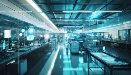 Obraz premium Advanced semiconductor production in a high-tech factory with automated assembly lines and cutting