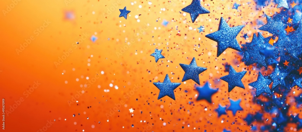 Poster Orange background adorned with shiny blue stars Banner. with copy space image. Place for adding text or design