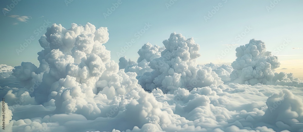 Poster The white clouds feature unusual shapes above the countryside set against a cloudy and blue sky. with copy space image. Place for adding text or design