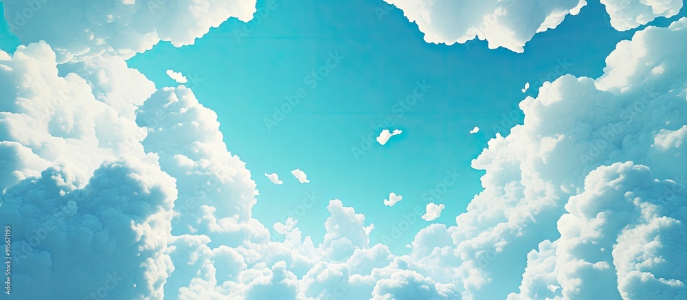Poster pale blue sky with vibrant color white clouds dispersed throughout. with copy space image. place for