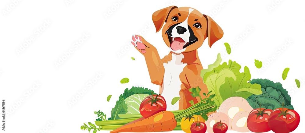 Poster A humorous puppy with vegetables is holding a pointing stick set against a white background Room for text. with copy space image. Place for adding text or design