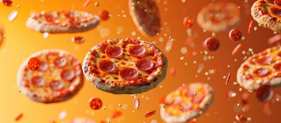 Creative arrangement of hot delicious pizza floating on a summer orange background Pepperoni pizza design mockup flyer or poster for promotional discounts featuring copyspace Fast food concept
