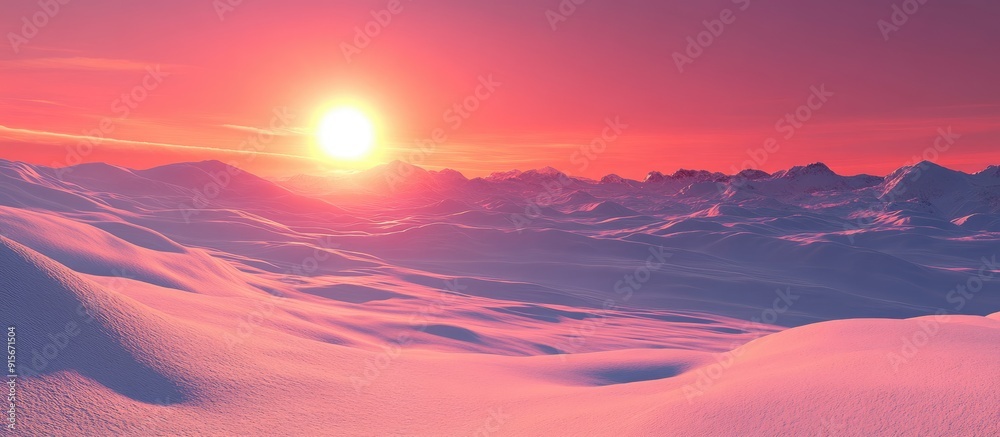Poster crimson winter sun at its peak clear sky naturally vibrant cool colors. with copy space image. place
