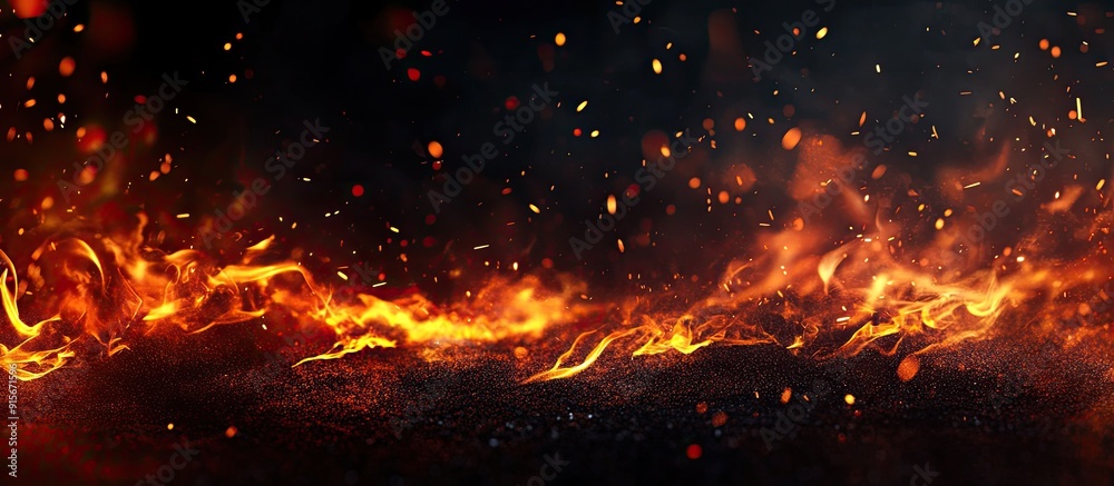 Poster fire flames on an abstract black background with burning red hot sparks rising and glowing orange pa