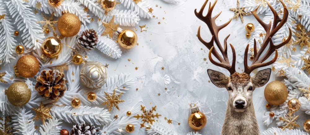 Poster christmas arrangement new year or christmas pattern flat lay top view featuring a deer decorative go