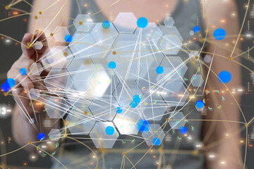 abstract lines with dots over dark background.