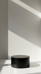A black circular pedestal sits in a bright, minimalist space, illuminated by gentle sunlight creating soft shadows on the walls