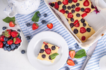 Mixed Berry Sheet Pan baked Pancakes, simple idea recipe. with fresh blueberry and strawberry, copy...