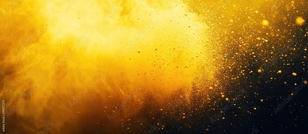 Poster abstract powder splattered background freeze motion of yellow powder bursting throwing color powder 