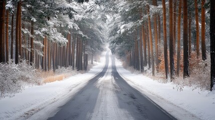 Snowy road through a pine forest, untouched and pristine winter scene