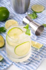 Summer cold refreshment limeade cocktail, cold alcohol or non-alcohol beverage with limes, mint and ice cubes, copy space