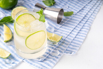 Summer cold refreshment limeade cocktail, cold alcohol or non-alcohol beverage with limes, mint and ice cubes, copy space