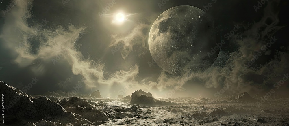 Poster clouds in the dark sky create a stunning celestial landscape. with copy space image. Place for adding text or design