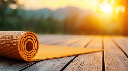 Closeup of a yoga mat on a deck, sunrise over mountains, tranquil Labor Day morning