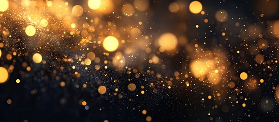 Abstract gold bokeh on a black backdrop Blurred yellow lights abstract texture. with copy space image. Place for adding text or design