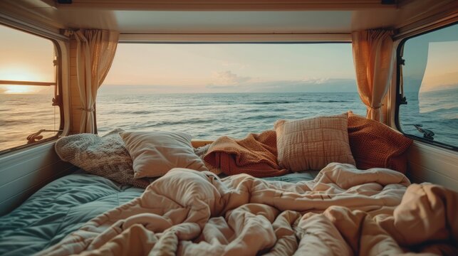 Stunning seascape from a cozy, boho camper interior. Unmade bed, pillows. Vanlife travel concept.