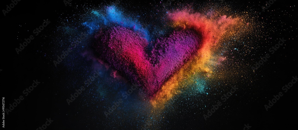 Aufkleber Abstract color powder splattered on a black background capturing the motion of color powder exploding or being thrown creating a multicolored glitter texture that resembles a heart shape