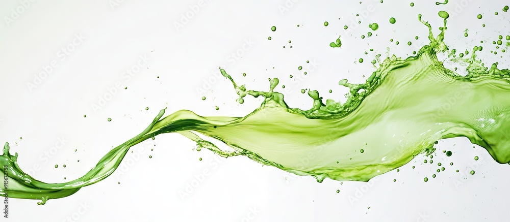 Poster beautiful flying green splashes and drops isolated against a white background. with copy space image. Place for adding text or design