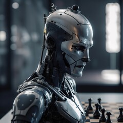 Close-up of a silver robot with a serious expression, playing chess.