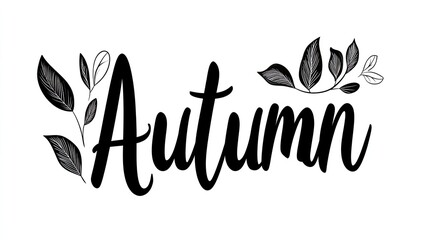 Fototapeta premium Elegant black cursive calligraphy of the word autumn with leaf motifs on a white background