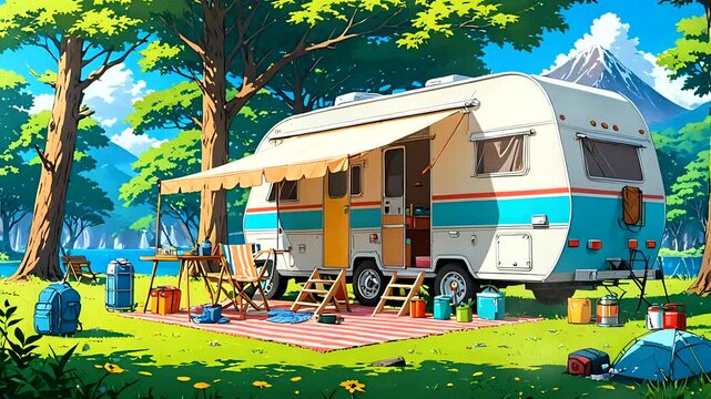Vintage caravan set up in a tranquil forest campsite with bright sunlight filtering through the trees. Seamless looping 4k time-lapse animation video background.