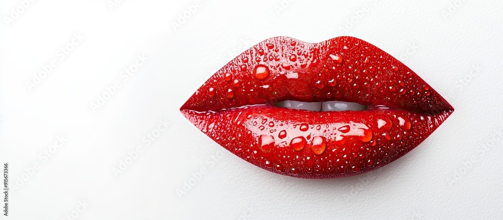 Poster Macro red lipstick with water droplets isolated on a white background with copyspace in a horizontal layout