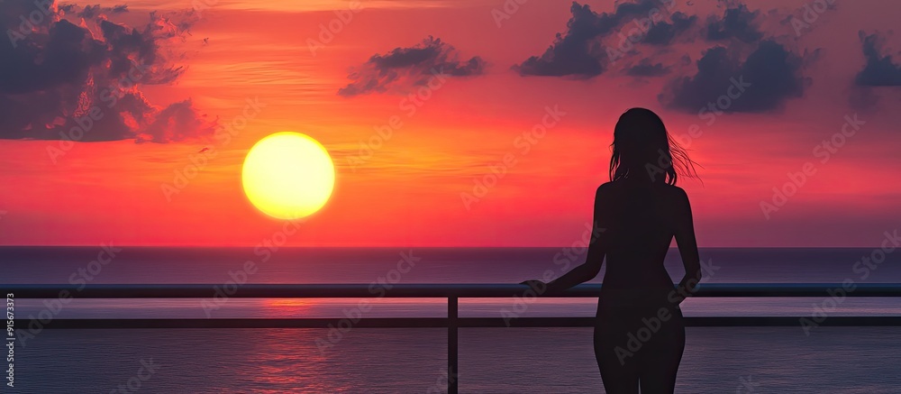 Poster silhouette of a young woman on a balcony gazing at the sunset over the ocean. with copy space image.