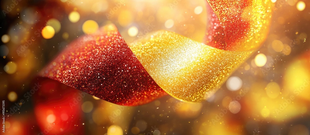 Fototapete closeup of a beautiful red and yellow glitter ribbon with a blurred background. with copy space imag