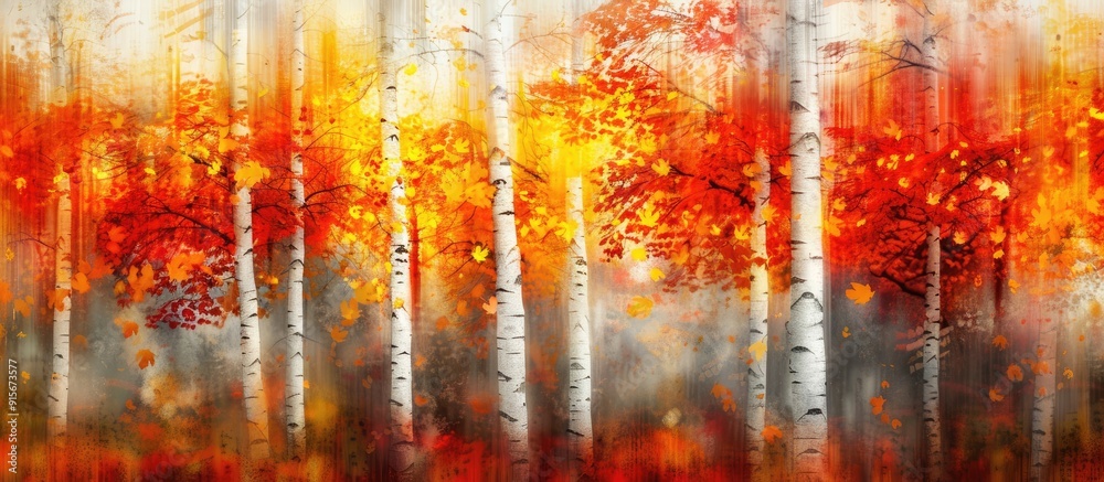 Poster Abstract image of birch trees in autumn captured using various motion and zoom effects Features a colorful textured background long exposure and selective focus. with copy space image