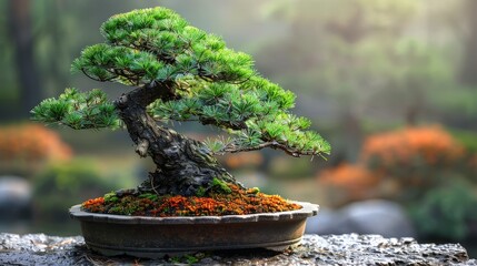 Bonsai with dense needles and a gnarled trunk, presented on a neutral background to highlight its beauty 
